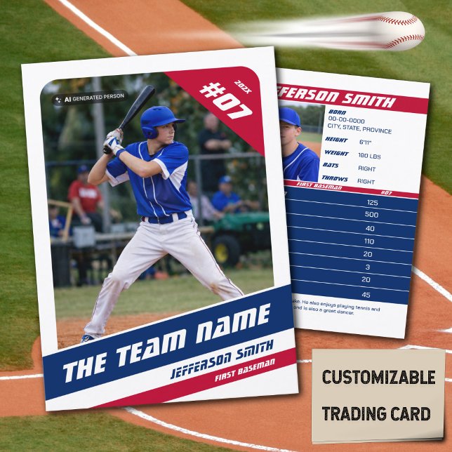 D'appel Carte de collection d'équipe de baseball rouge ble (Baseball Player Trading Card in White with Custom Team Name and Red White Blue Elements)