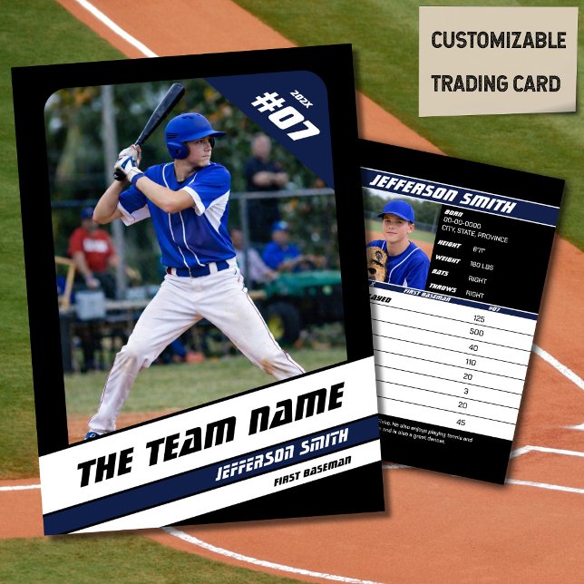 D'appel Carte de collection d'équipe de baseball Sport Cad (Baseball Player Trading Card in Black with Custom Team Name and White Blue Elements)