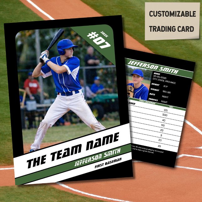 D'appel Carte de collection d'équipe de baseball Sport Cad (Baseball Player Trading Card in Black with Custom Team Name and White Green Elements)