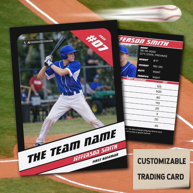 D'appel Carte de collection d'équipe de baseball Sport Cad (Baseball Player Trading Card in Black with Custom Team Name and White Red Elements)