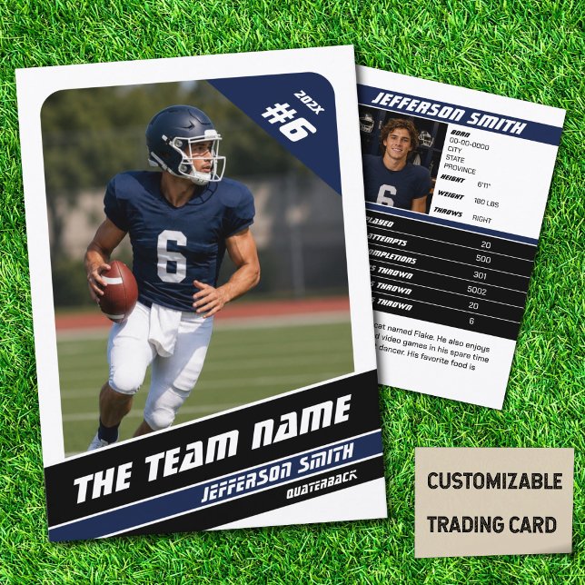D'appel Carte de collection d'équipe de football Cadeau Sp (American Football Player Trading Card in White with Custom Team and Player Name with Blue Stripes)