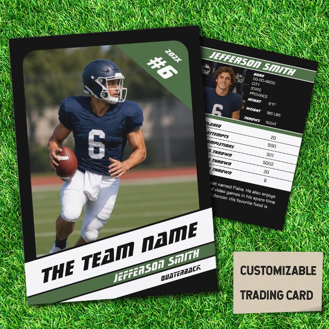 D'appel Carte de collection d'équipe de football Cadeau sp (American Football Player Trading Card in Black with Custom Team Name with Green Stripes)