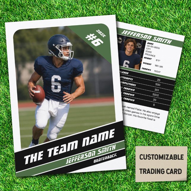 D'appel Carte de collection d'équipe de football Idée de c (American Football Player Trading Card in White with Custom Team and Player Name with Green Stripes)