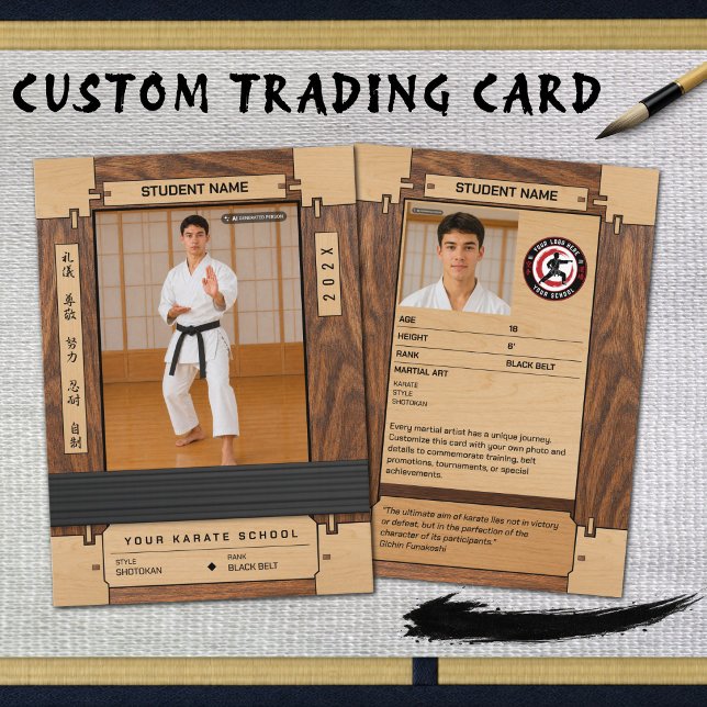 D'appel Carte de collection en bois rustique pour ceinture (A Black Belt is earned through commitment—celebrate the milestone with a personalized trading card.)