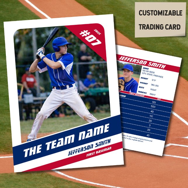 D'appel Carte de Collection Équipe de Baseball Rouge Bleu (Baseball Player Trading Card in White with Custom Team Name and Red White Blue Elements)