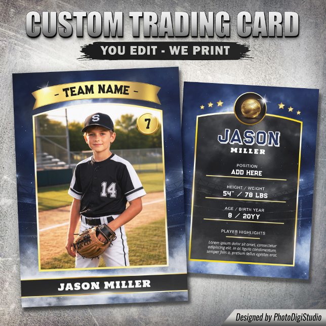 D'appel Carte de collection personnalisée de baseball, sta (Custom Baseball Trading Card, Blue Gold Stadium Player Card)