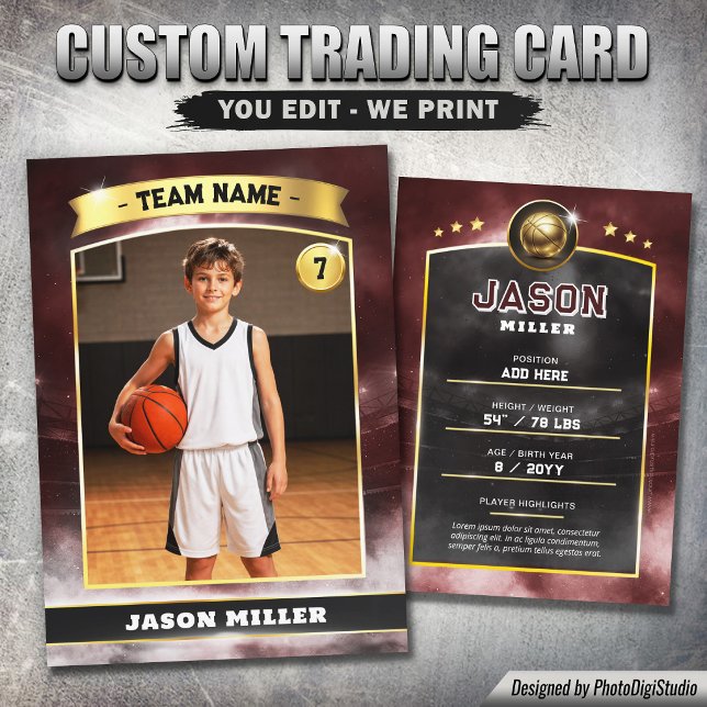 D'appel Carte de collection personnalisée de basket-ball,  (Custom Basketball Trading Card, Red Gold Stadium Player Card)