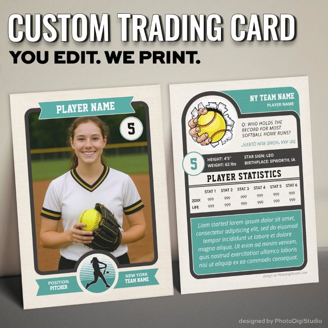 D'appel Carte de collection personnalisée de softball vint (Vintage Custom Softball Trading Card, Teal Player Card)