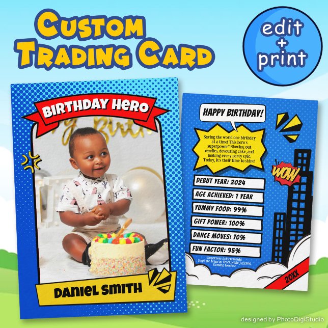 D'appel Carte de collection personnalisée, Faveurs de prem (Custom Comic Birthday Trading Card Birthday Favors)