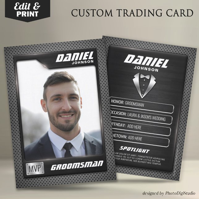 D'appel Carte de collection pour garçon d'honneur, Cadeau  (Groomsman Trading Card, MVP Best Man Gift, Wedding Groom Card)