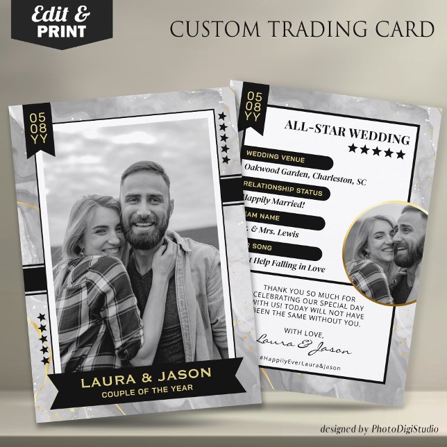 D'appel Carte de commerce Couple personnalisée, Merci Mari (Wedding Trading Card Template, Custom Couple Trading Card, Wedding Thank You Card Black Gold & Black)