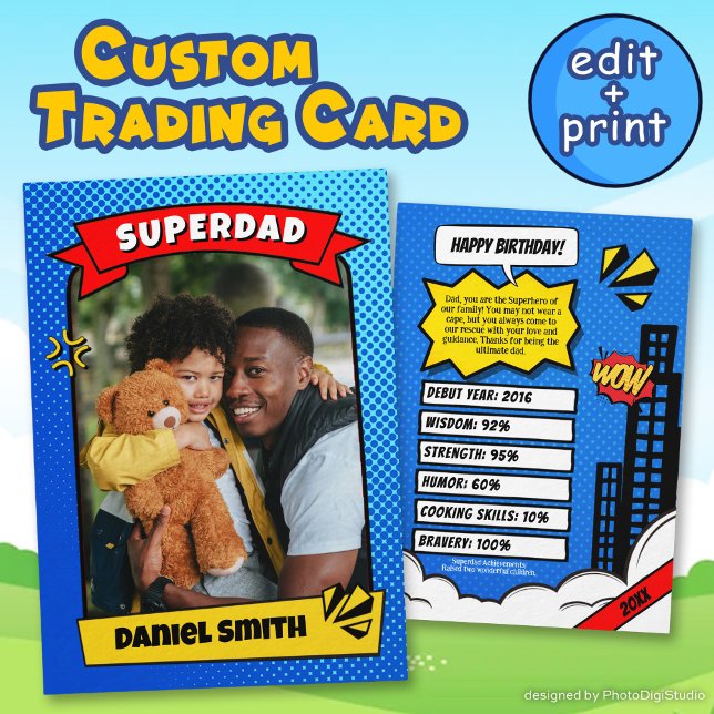 D'appel Carte de commerce de bande dessinée d'anniversaire (Custom Birthday Card Comic Super Dad Trading Card)