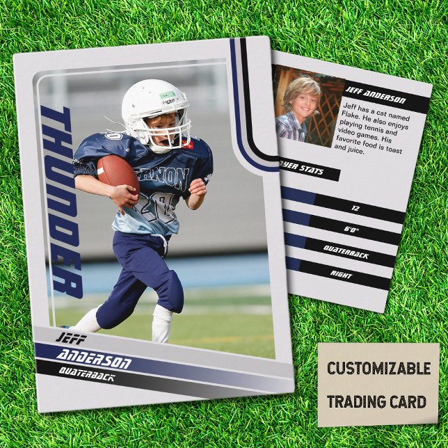 D'appel Carte de commerce de football américain bleue pour (American Football Player Trading Card for Kids in Grey with Custom Team and Player Name Blue)