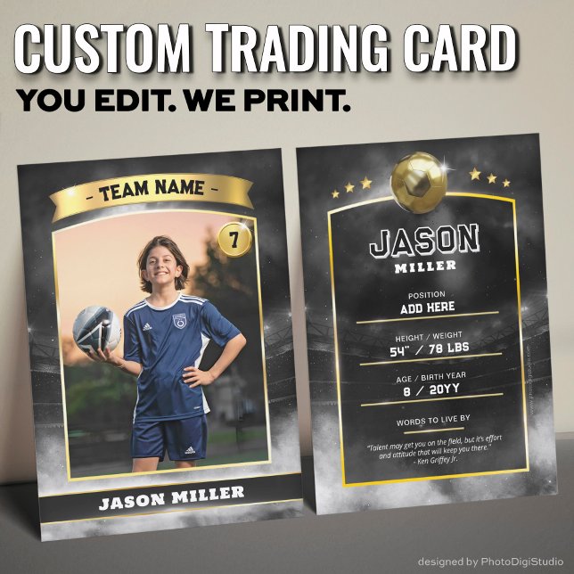 D'appel Carte de commerce de football sur mesure Black Gol (Custom Trading Card, Editable Soccer Trading Card, Modern Black Gold Stadium Design)