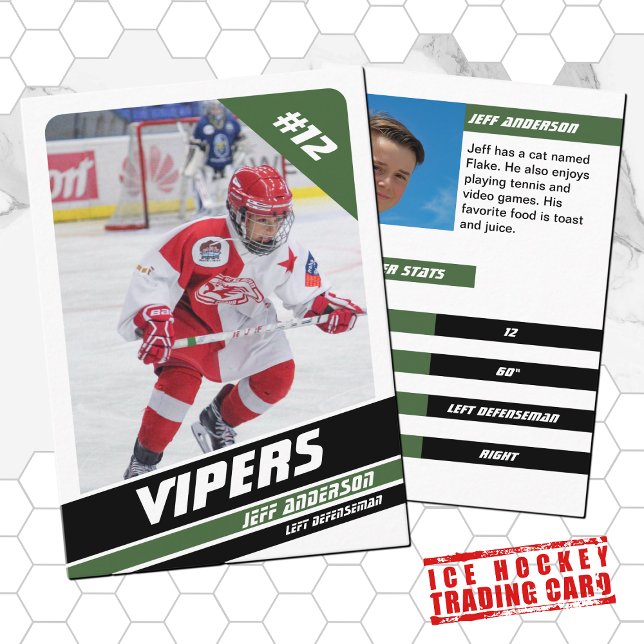 D'appel Carte de commerce de hockey sur glace en blanc ver (Proudly share youre kids' achievements with this green white and black card)