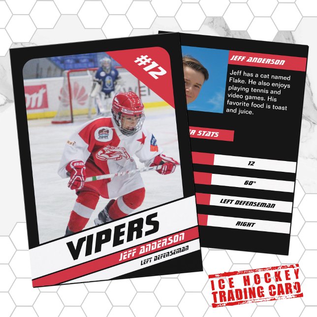 D'appel Carte de commerce de hockey sur glace en rouge vif (Proudly share youre kids' achievements with this red white card)
