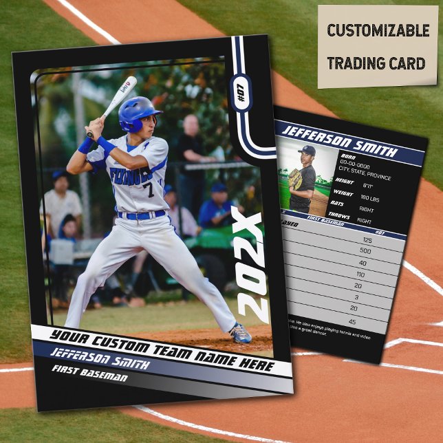 D'appel Carte de commerce de joueur de baseball Custom Blu (Baseball Player Trading Card in Black with Custom Team Name and Blue White Elements)