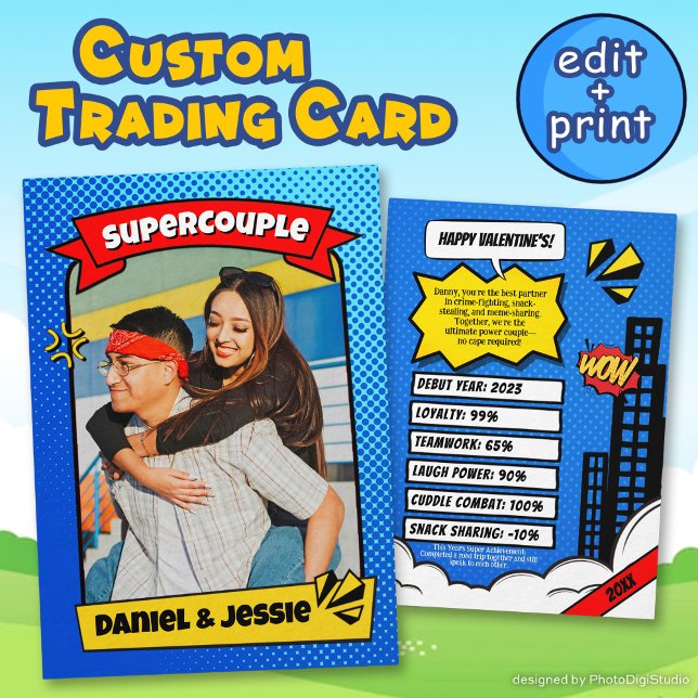 D'appel Carte de commerce de la Saint-Valentin pour super  (Supercouple Comic Card, Custom Couple Trading Card, Valentines Gift)