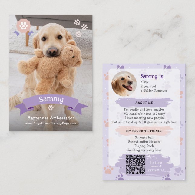 D'appel Carte de commerce de photo de chien de thérapie à  (Devant / Derrière)