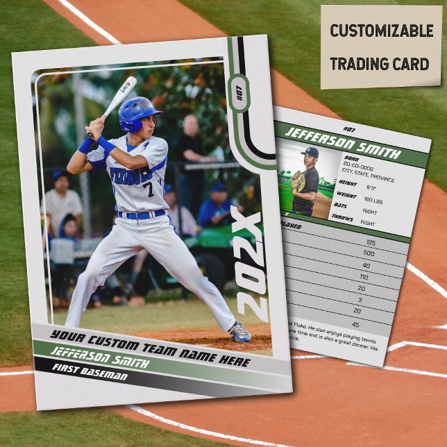 D'appel Carte de commerce du joueur de baseball Custom Gre (Baseball Player Trading Card in Light Grey with Custom Team Name and Green and Black Elements)
