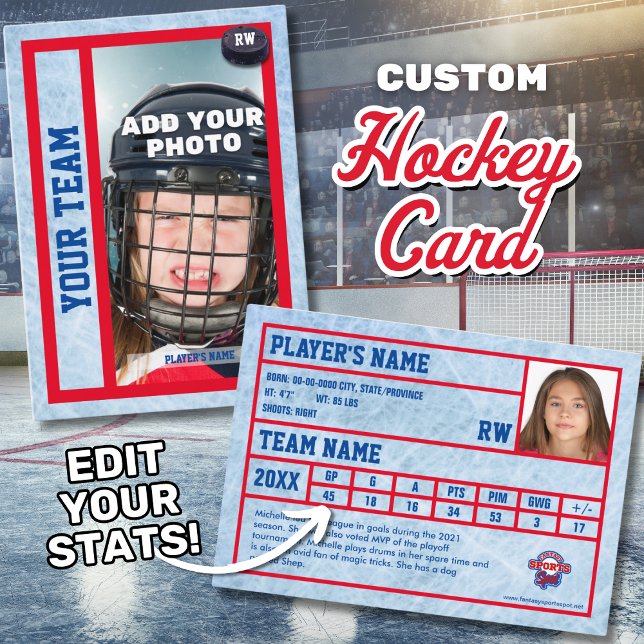 D'appel Carte de commerce du joueur de hockey Souvenir (Hockey trading card with customizable stats, including goals (G), assists (A), and points (PTS).)