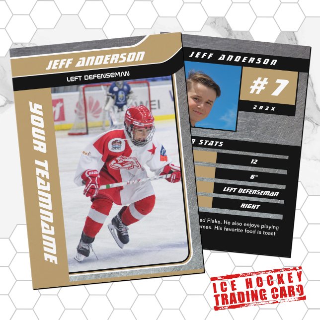 D'appel Carte de commerce Gold Metal Ice Hockey (Hockey Trading Card with custom team name and hockey player name in Gold and Black )