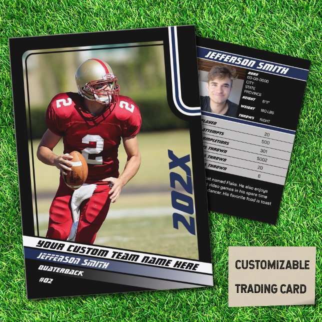 D'appel Carte de commerce joueur de football cadeau person (American Football Player Trading Card in Black with Custom Team and Player Name with Blue Stripes)