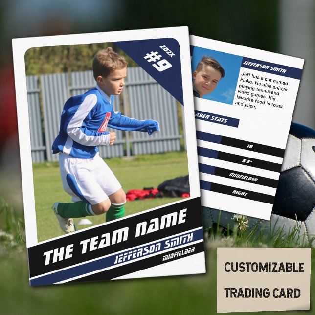 D'appel Carte de commerce joueur de football en bleu vif b (Soccer Player Trading Card in White with Custom Team Name and Blue Black Elements)