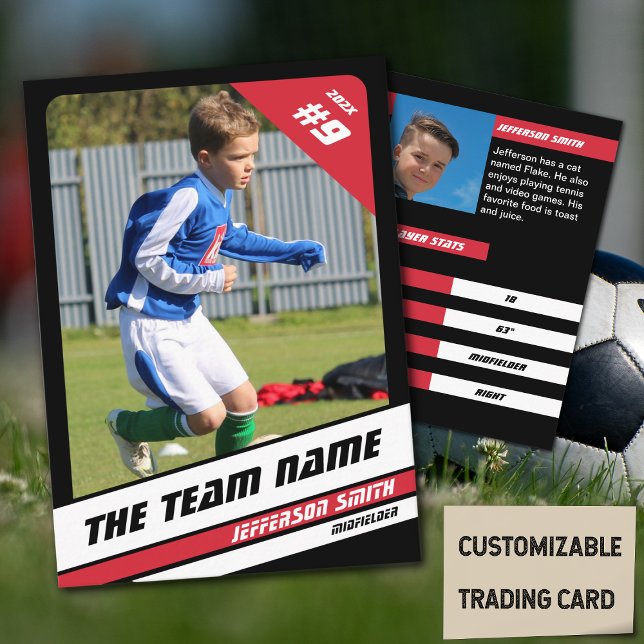 D'appel Carte de commerce joueur de football en rouge vif  (Soccer Player Trading Card in Black with Custom Team Name and Red White Elements)