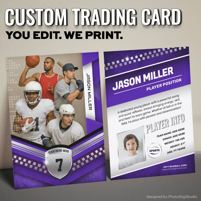 D'appel Carte de commerce personnalisée, Modèle Sport en a (Custom Trading Card Template, All Sport Trading Card, Modern Purple Silver Design for All Sports)