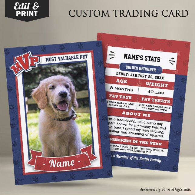 D'appel Carte de commerce pour animaux de compagnie person (MVP Custom Pet Trading Card, Clasic Red Blue Card, Therapy Dog Trading Card Template and Print)