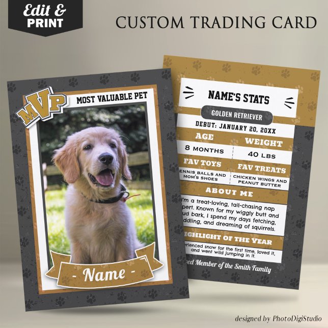 D'appel Carte de commerce pour animaux de compagnie person (MVP Custom Pet Trading Card, Clasic Gold Card, Therapy Dog Trading Card Template and Print)