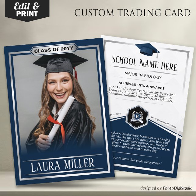 D'appel Carte de commerce pour diplômés éditable Elegant B (Editable Graduate Trading Card, Elegant Blue Silver Card, Custom Trading Card for Graduation)