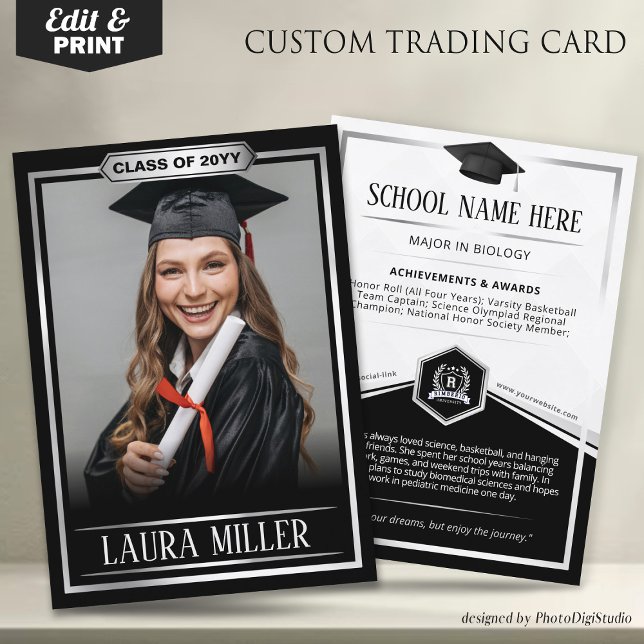 D'appel Carte de commerce pour diplômés sur mesure Élégant (Editable Graduate Trading Card, Elegant Black Silver Card, Custom Trading Card for Graduation)