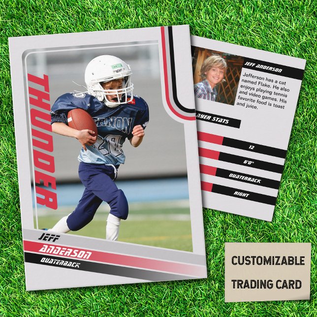 D'appel Carte De Commerce Red American Football Pour Enfan (American Football Player Trading Card for Kids in Grey with Custom Team and Player Name Red)