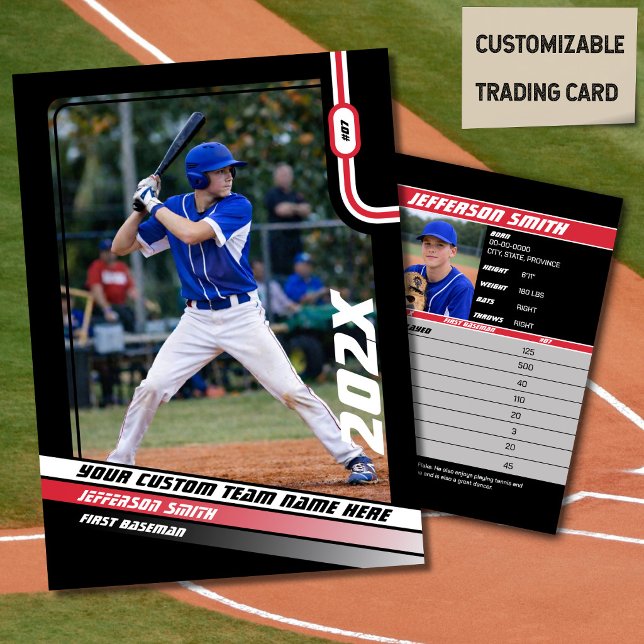 D'appel Carte de joueur de baseball personnalisée Cadeau r (Baseball Player Trading Card in Black with Custom Team Name and Red White Elements)