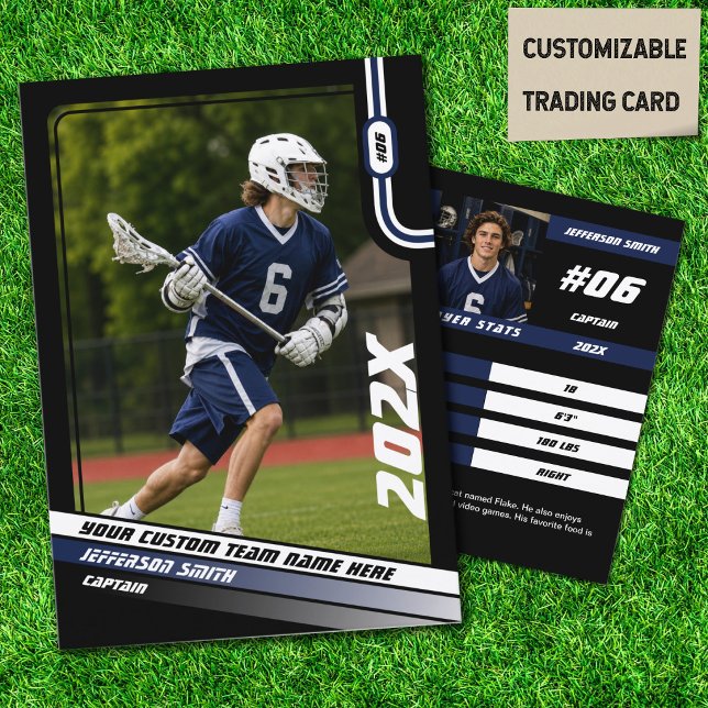 D'appel Carte de joueur de crosse en bleu noir (Lacrosse Player Trading Card in Black with Custom Team Name and Blue White Elements)