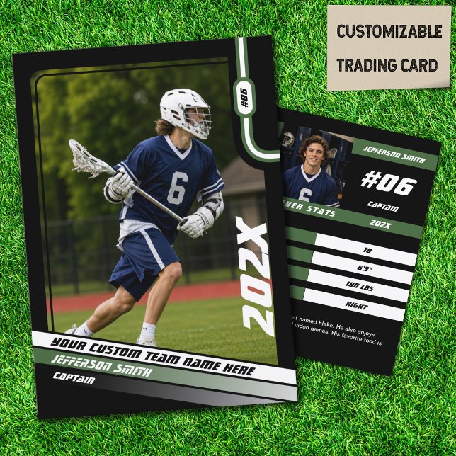D'appel Carte de joueur de crosse en noir et vert (Lacrosse Player Trading Card in Black with Custom Team Name and Green White Elements)