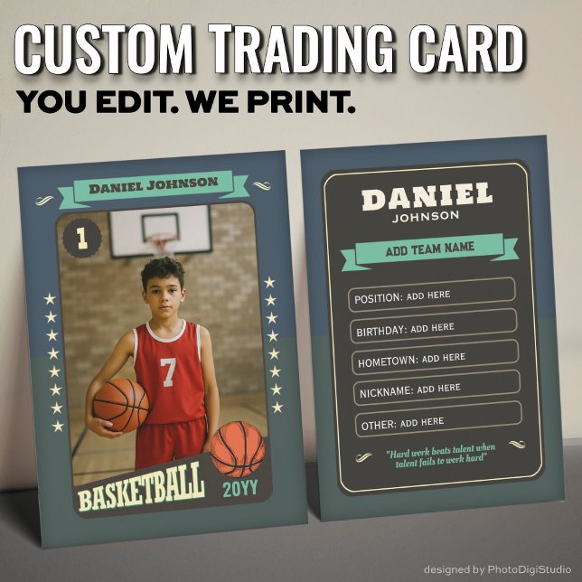 D'appel Carte de lecteur personnalisée Retro Basketball (Custom Basketball Trading Card, Teal Retro Player Card)