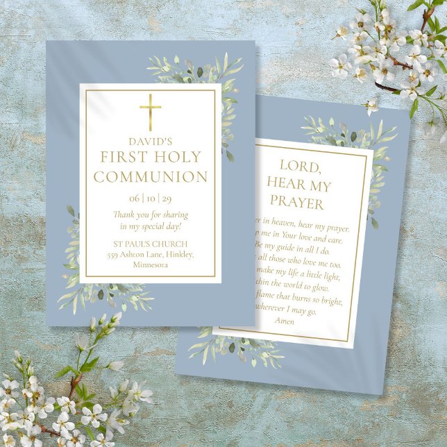 D'appel Carte de prière de la première communion bleue ver (Greenery Blue First Holy Communion Prayer Card)
