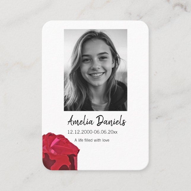 D'appel Carte de prière funéraire Rose Rouge (Devant)