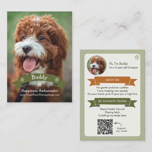 D'appel Carte de visite de chien de thérapie avec QR code (Devant / Derrière)