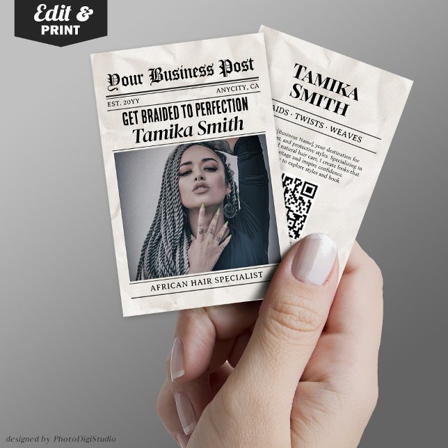 D'appel Carte de visite de journal, African Hair Braiding (Newspaper Business Card, African Hair Braiding Calling Card)