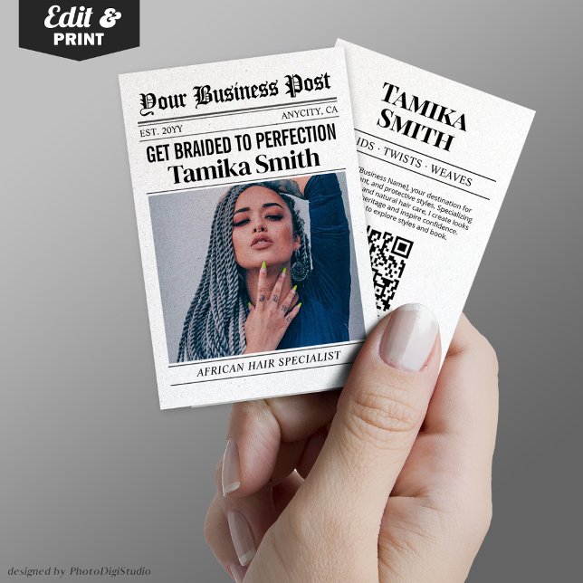 D'appel Carte de visite de journal, African Hair Braiding (Newspaper Business Card, African Hair Braiding Calling Card)