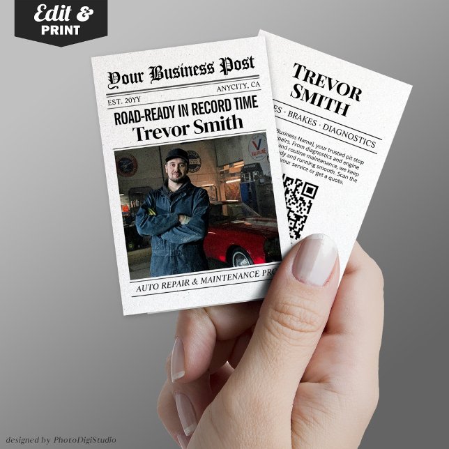 D'appel Carte de visite de journal, Auto Réparer voiture M (Newspaper Business Card, Auto Repair Car Mechanic Calling Card)