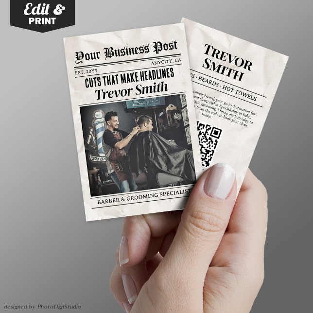 D'appel Carte de visite de journal, Barbier & Grooming Sty (Newspaper Business Card, Barber & Grooming Stylist Calling Card)