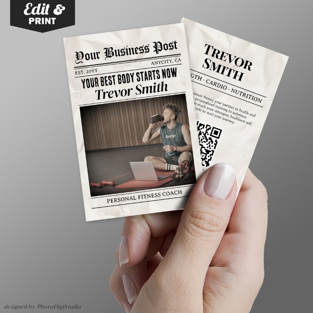 D'appel Carte de visite de journal, entraîneur de conditio (Newspaper Business Card, Personal Fitness Coach Calling Card)