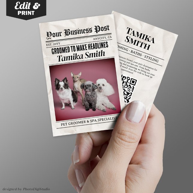 D'appel Carte de visite de journal, Groomer pour animaux e (Newspaper Business Card, Pet Groomer & Pet Spa Calling Card)