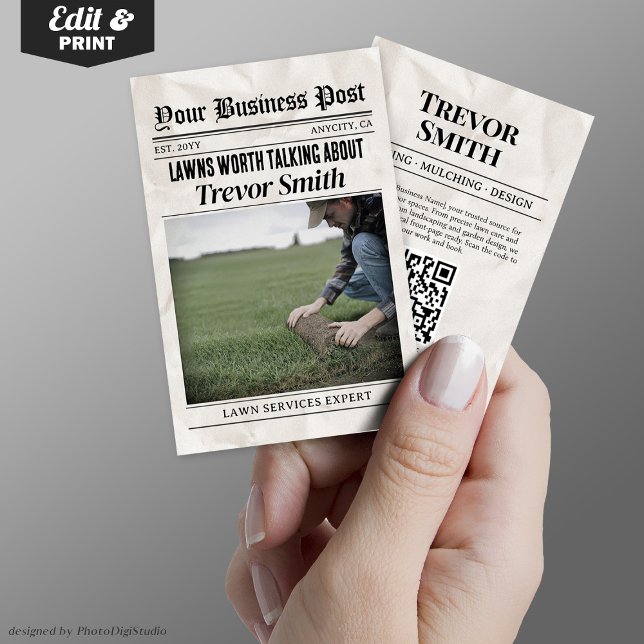 D'appel Carte de visite de journal, soins de la pelouse et (Newspaper Business Card, Lawn Care & Landscaping Calling Card)