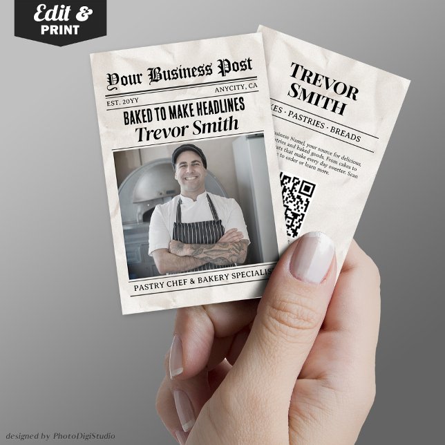 D'appel Carte de visite de journaux, chef pâtissier et bou (Newspaper Business Card, Pastry Chef & Baker Calling Card)